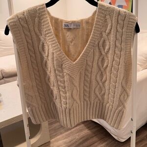 Zara Ivory V-Neck Cable Knit Sweater Vest
